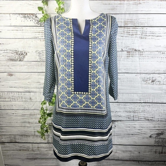 The Limited Dress Extra Small Blue Yellow Boho Straight Sheath Knee Career Slim - Picture 1 of 12